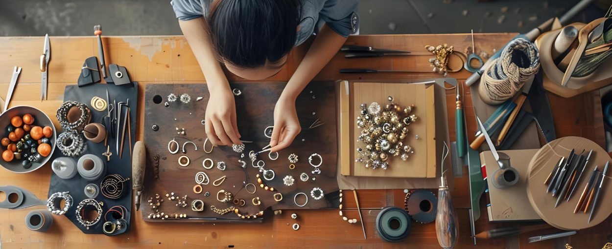 High angle view of female artisan making jewel